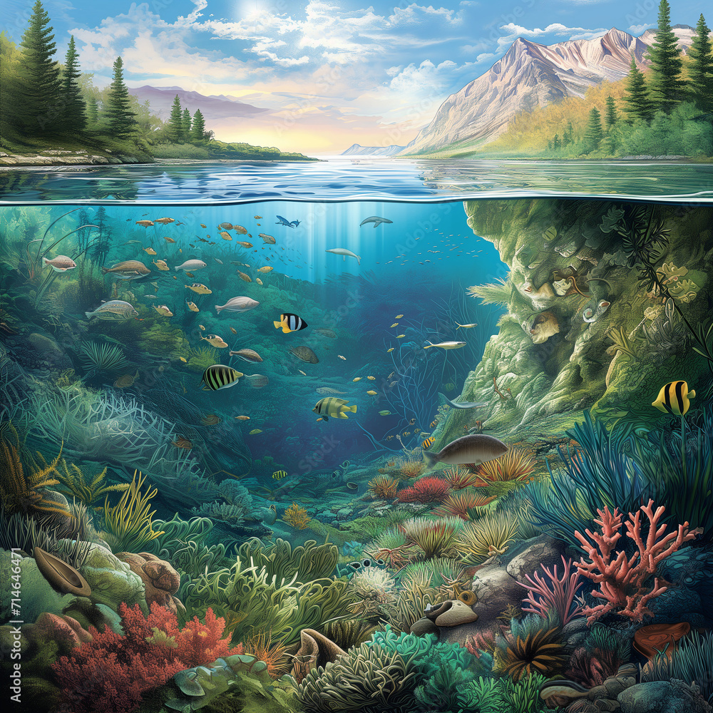 Vivid artwork showcasing diverse aquatic ecosystems, raising awareness about the imperative to protect and preserve water habitats. A visual call to safeguard the richness of aquatic life.