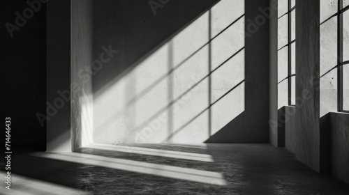 abstract. minimalistic background for product presentation. walls in large empty room greyish white. can full of sunlight. Loft wall or minimalist wall. Shadow, light from windows to plaster wall.