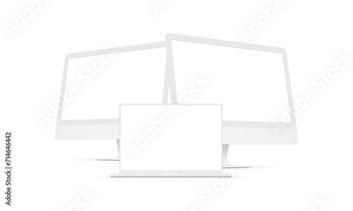 Clay Computer Monitors And Laptop With Blank Screens, Front And Side View, Isolated on White Background. Vector Illustration