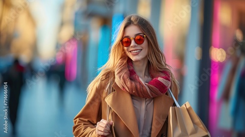 Modern happy Female lifestyle fashion portrait. beautiful attractive young woman girl enjoy stylish walk with shopping bag packages on the street, trendy outfit on shopping mall, browse product © pinkrabbit
