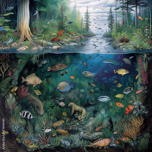 Vivid artwork showcasing diverse aquatic ecosystems, raising awareness about the imperative to protect and preserve water habitats. A visual call to safeguard the richness of aquatic life.