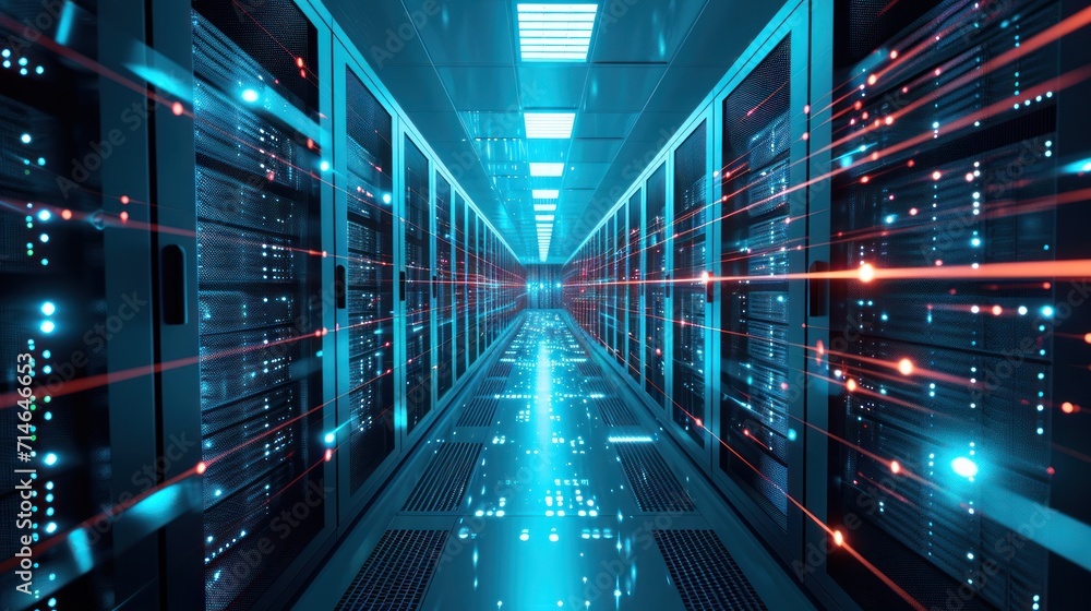 Shot of Corridor in Working Data Center Full of Rack Servers and Supercomputers with Internet connection Visualization Projection, technology, digital, futuristic, future, Shot of Corridor in Working Data Center Full of Rack Servers and Supercomputers with Internet connection Visualization Projection, technology, digital, futuristic, future,