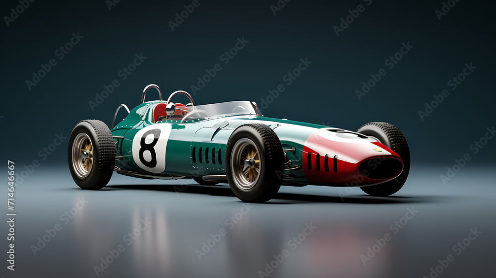 A 3D model of a classic race car with iconic livery.