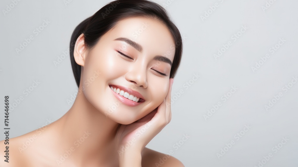 Beautiful woman smile use cream for good skin. face of a healthy woman apply cream and makeup. Advertisement for skin cream, anti-wrinkle, baby face, whitening, moisturizer, tighten pores Beautiful woman smile use cream for good skin. face of a healthy woman apply cream and makeup. Advertisement for skin cream, anti-wrinkle, baby face, whitening, moisturizer, tighten pores