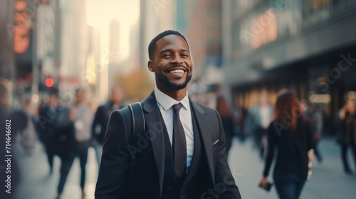 portrait of a handsome smiling white young black businessman boss in a black suit walking on a city street to his company office. blurry crowdy street background --ar 16:9