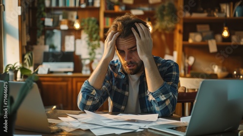 Stressed and headache man with large bills or invoices no money to pay to expenses and credit card debt. shortage, Financial problems, mortgage, loan, bankruptcy, bankrupt, poor, gen AI