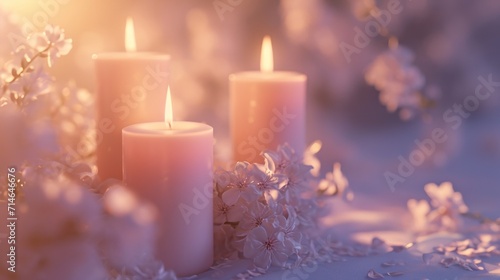  a group of three white candles sitting next to each other on top of a bed of flowers on a bed of snow covered ground next to a tree with white flowers.