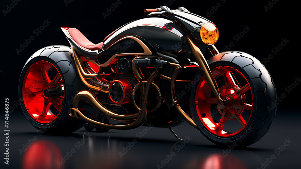 A 3D model of a concept motorcycle with a unique frame design.