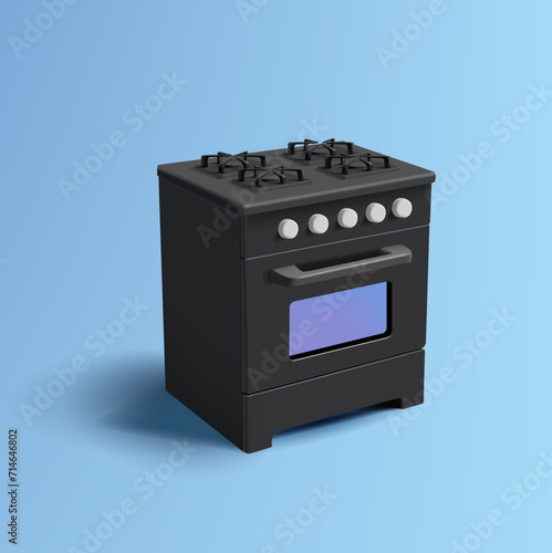 Kitchen gas stove with oven, 3d render detailed vector icon, black home equipment, gas heater, isolated