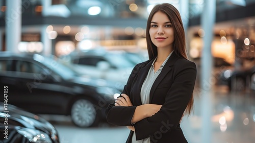 Portrait of beautiful saleswoman standing inside vehicle showroom with his arms crossed over his chest