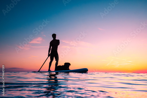 Silhouette of a man paddle boarding at the sea during sunset together with dog. Concept of active tourism and supping with pets in summer