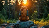 tourist Hiking backpack on rock in forest. brown rucksack. Generative AI
