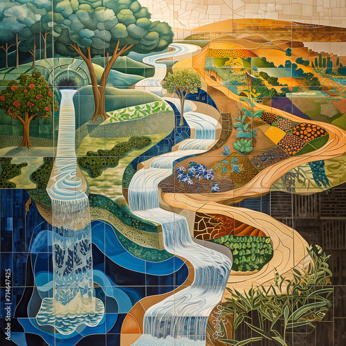 A captivating artwork illustrating the interconnectedness of water sources, stressing collaboration's significance for sustainable water management. An evocative portrayal of unity for a water-resilie