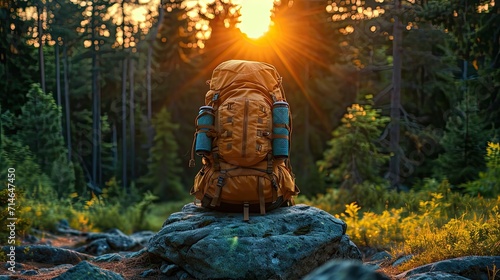 tourist Hiking backpack on rock in forest. brown rucksack. Generative AI
