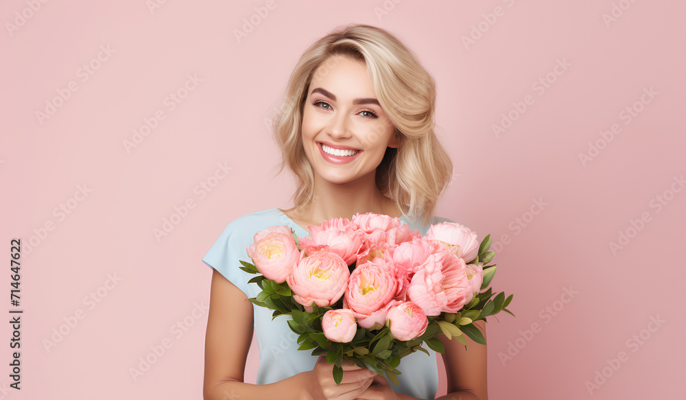 Happy woman with blonde hair holding spring flowers and smiling on pastel pink peach background, 8 March, Woman's day, birthday, Mother's day present	