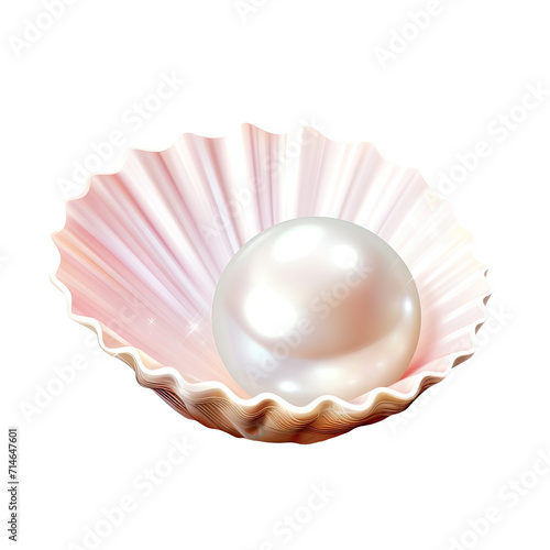 Shiny white pearl in shell on transparent background