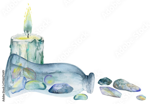 Hand drawn watercolor sea witch altar objects. Glass vial jar bottle gems precious stones, burning pillar wax candle. Composition isolated on white background. Design for print, shop, magic, alchemy