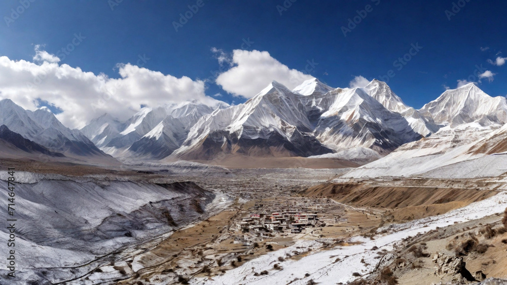 Panoramic view of himalayas mountains, Mount Everest. Panoramic view of the snowy mountains in Upper Mustang, Annapurna Nature Reserve, Nepal
