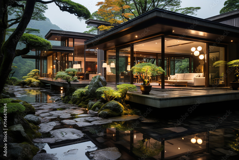 Japanese style modern cottage with large windows, interior, landscape design, trees, natural stone, mountain background