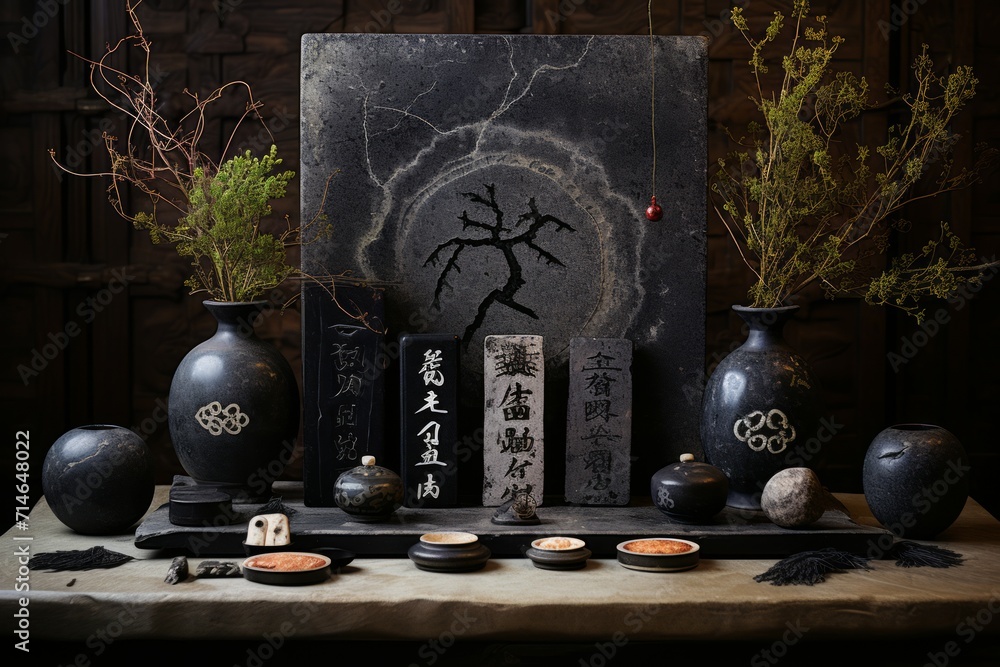 Mystic rune carvers, etching ancient symbols into stones with magical ...