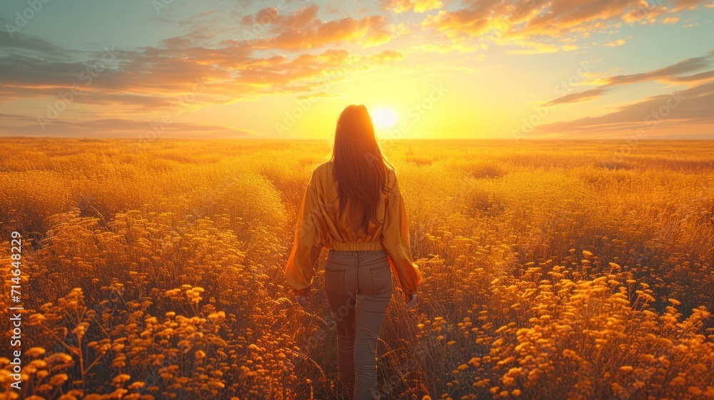  a woman is walking through a field of wildflowers as the sun shines brightly in the sky above her and behind her is a field of tall grass and yellow flowers.