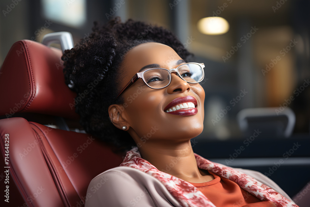 handsome black woman client patient at a dental clinic. cleaning and repairing teeth at a dentist doctor. laying on the orthodontic dental chair. Casual. Featured social image