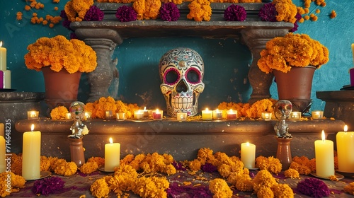 burning candles , and skull placed in middle photo