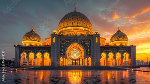 A mosque bathed in the golden hues of sunrise, its intricate calligraphy and geometric patterns illuminated, inviting reflection and tranquility. photo