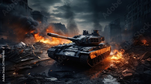 Tanks on battlefield, war machines in the conflict zone with fire and smoke clouds. 3d illustration. photo
