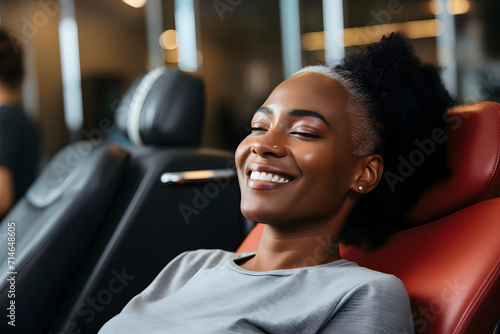 handsome black woman client patient at a dental clinic. cleaning and repairing teeth at a dentist doctor. laying on the orthodontic dental chair. Casual. Featured social image photo