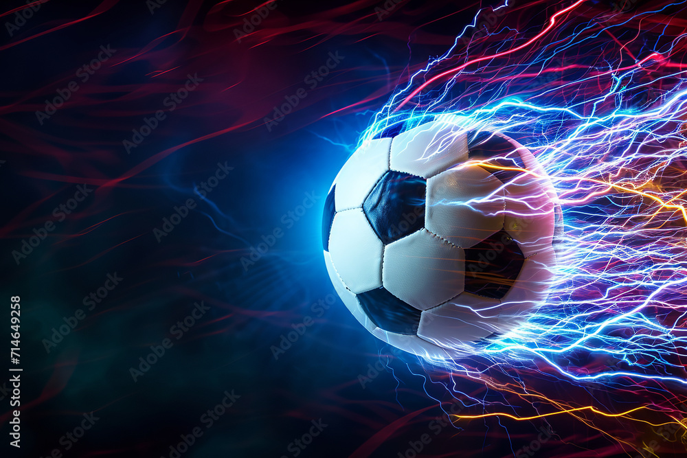 Fototapeta premium soccer ball with flames and lightning flying on night sky, dark blue background