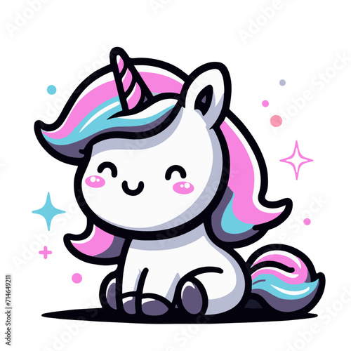 Cute unicorn sitting and smiling, vector illustration