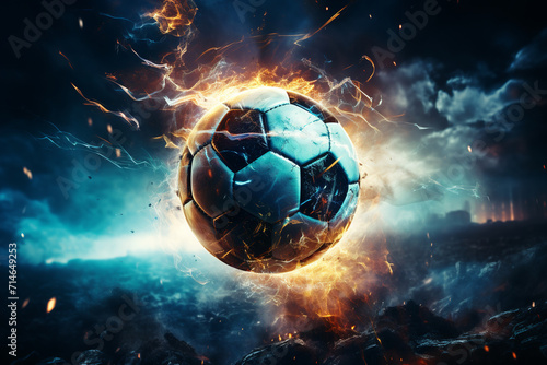 soccer ball with flames and lightning flying on night sky, dark blue background photo