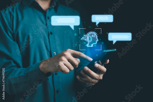 Ai, Artificial intelligence technology. Smart robot AI. chatbot. Human-computer interaction technology, assistants finding information and services, sending messages. Command prompt for generates
