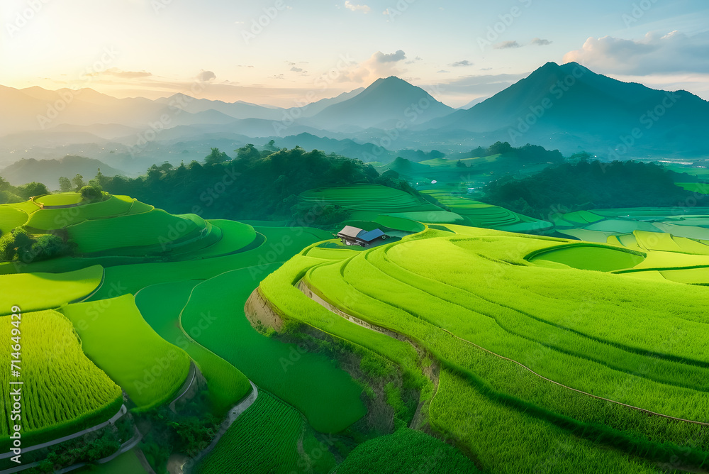 Aerial view. Green rice terrace landscape in the rainy season.