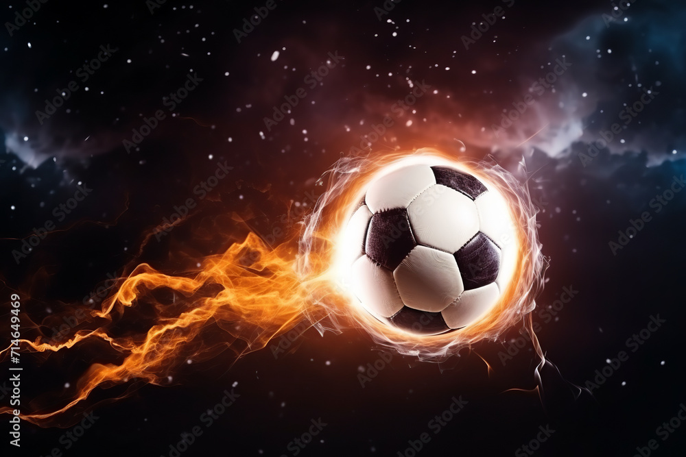 Naklejka premium soccer ball with flames and lightning flying on night sky, dark blue background