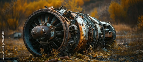Disassembled Soviet plane engine in graveyard. photo