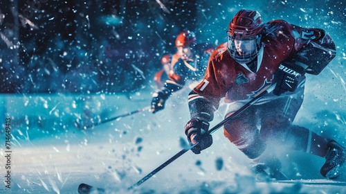 Caucassian ice hockey Players in dynamic action in a professiona photo