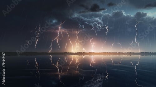 A breathtaking scene of a rainy night illuminated by striking lightning bolts, ultra-realistic depiction of raindrops cascading down, glistening on surfaces - Generative AI