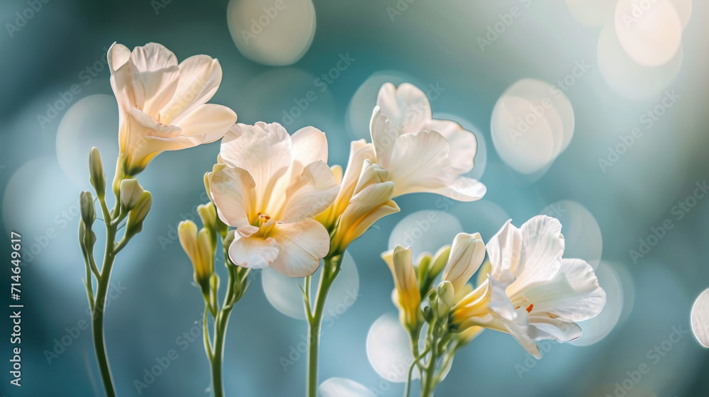 Fototapeta premium a group of white flowers sitting next to each other on a blue and green background with a boke of light coming from the top of the flowers in the background.