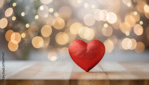 Close up of red heart on wooden table against defocused white light background. Love, valentine s day concept photo