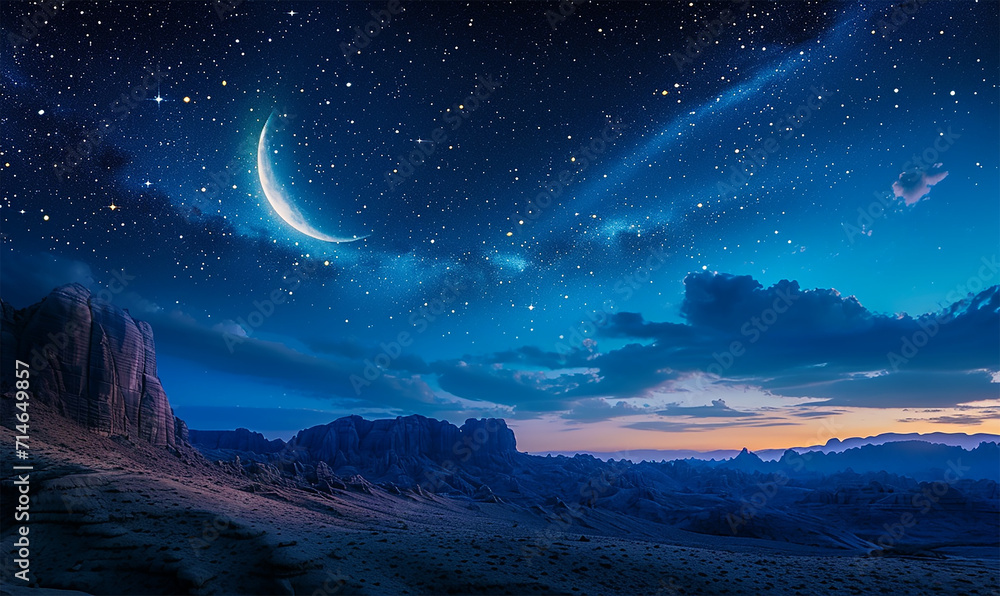 Moonlit Ramadan Night with Mountain Backdrop