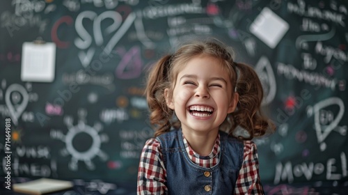 Cheerful smiling child at the blackboard.
