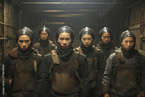 group of asian post apocalyptic workers in underground shelter