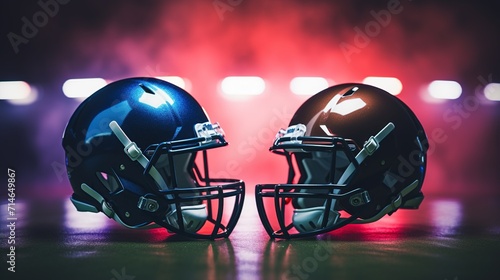 two American football helmets facing each other on football stadium with lights. photo