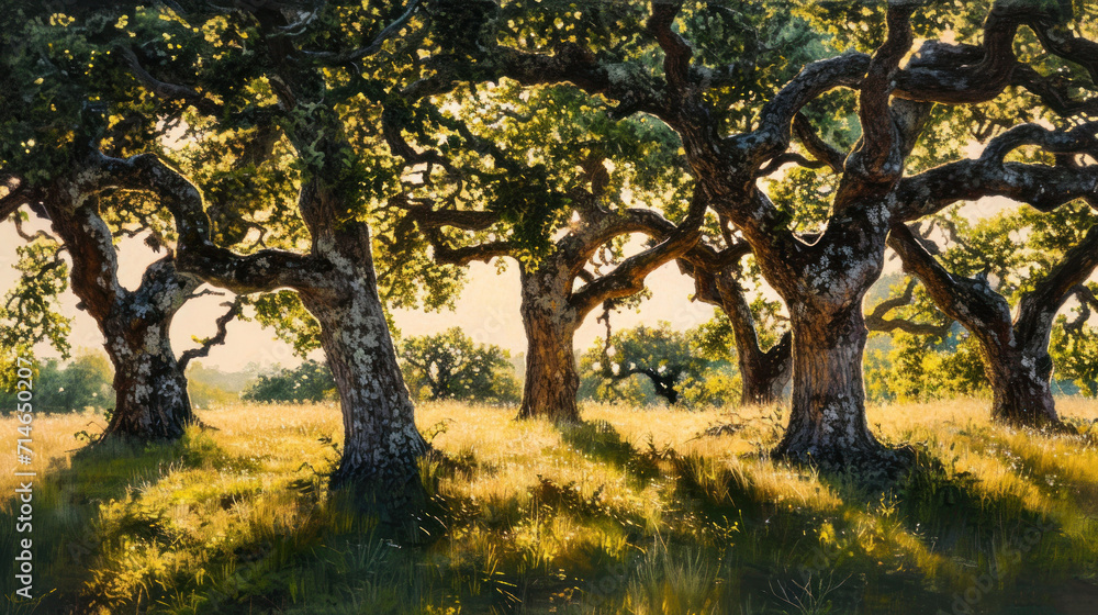  a painting of a group of trees in a grassy field with sunlight coming through the leaves on the trees and the grass in the foreground, and the sun shining on the ground.