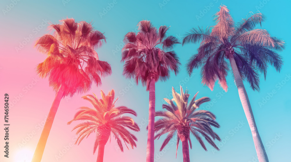  a group of palm trees against a blue and pink sky with the sun peeking through the leaves of the palm trees in the foreground, with a pink and blue sky in the background.