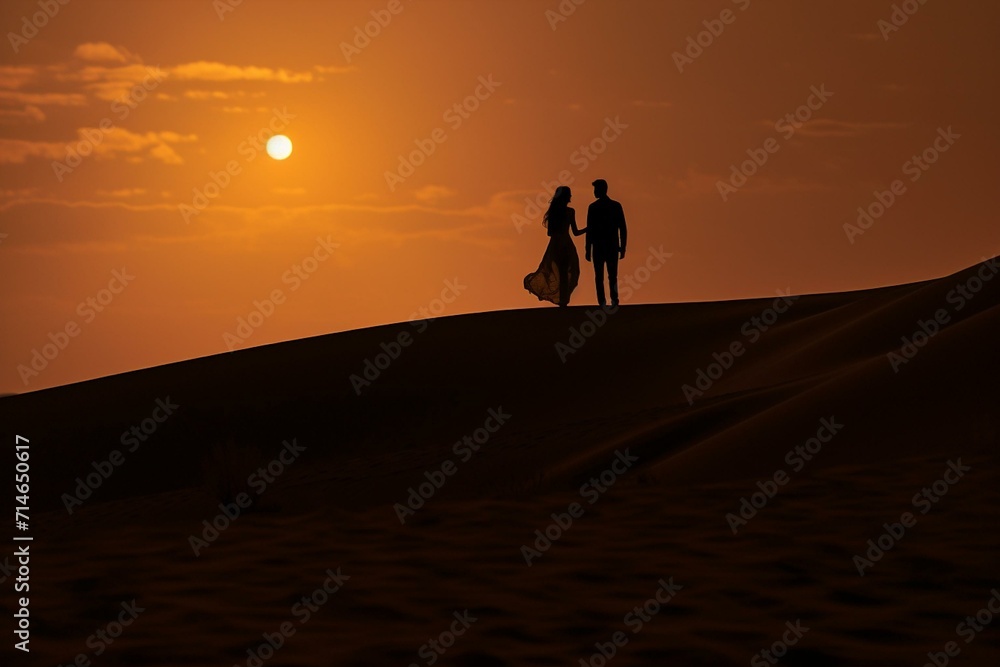 Silhouette of a Couple in Desert at Sunset
