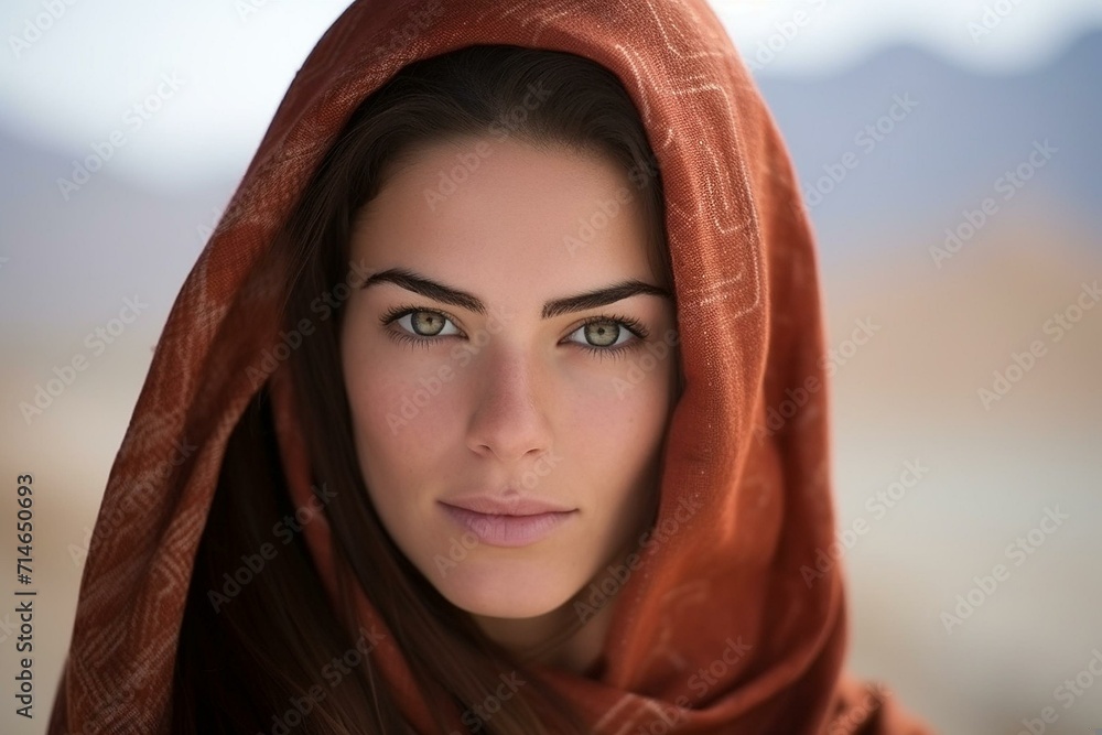 Captivating Portrait of a Woman Draped in a Burnt Orange Scarf Captivating Portrait of a Woman Draped in a Burnt Orange Scarf