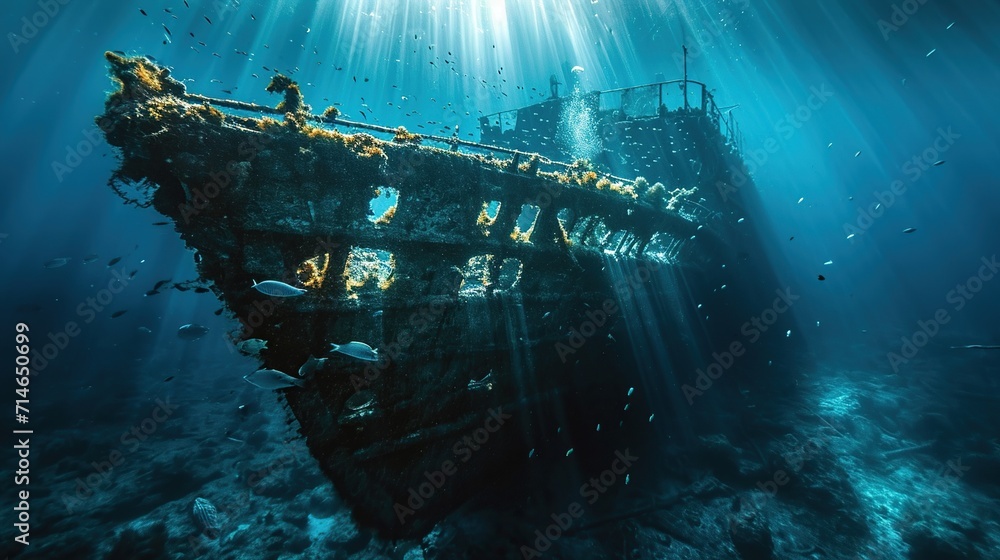 A hauntingly beautiful underwater shipwreck illuminated by dappled sunlight - obrazy, fototapety, plakaty 